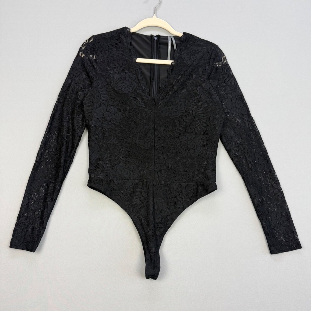 Anthropologie Floral Lace Bodysuit Black Long Sleeve V-Neck Small Goth Witchy